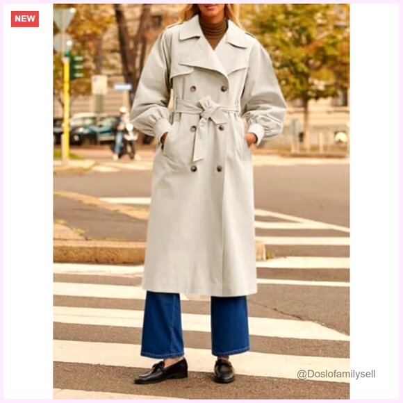 Long Trench Coat Oversized Double Breasted Lapel Overcoat Outerwear with Belt - Picture 4 of 7